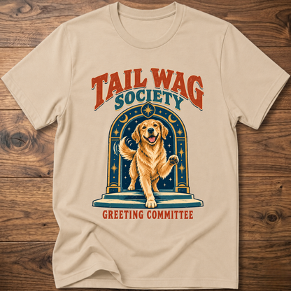 Beige T-shirt with front dog graphic and Greeting Committee text