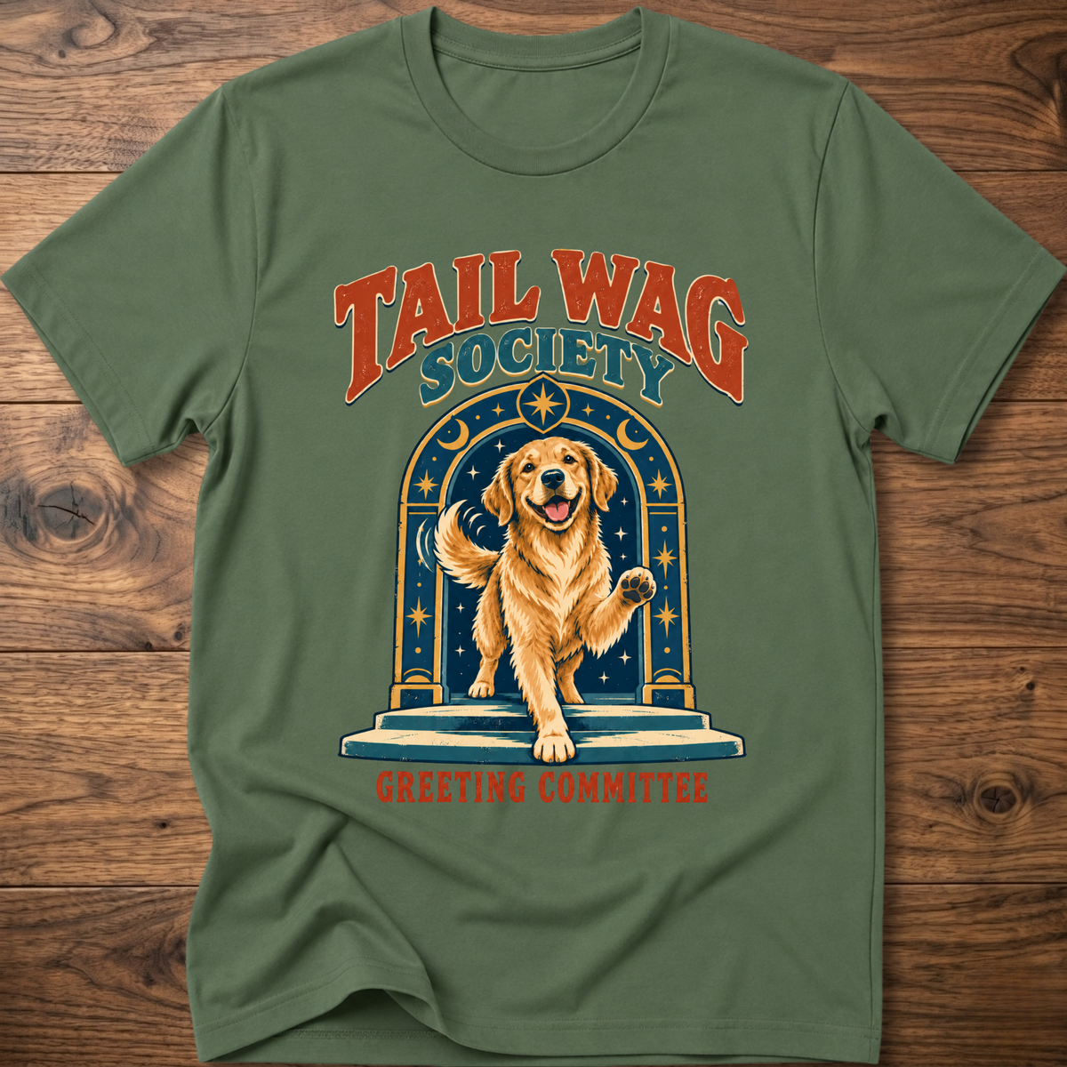 Green T-shirt with front dog graphic and Greeting Committee text