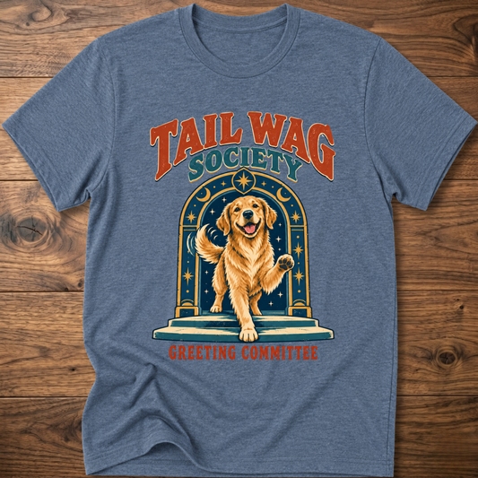 Blue T-shirt with front dog graphic and Greeting Committee text