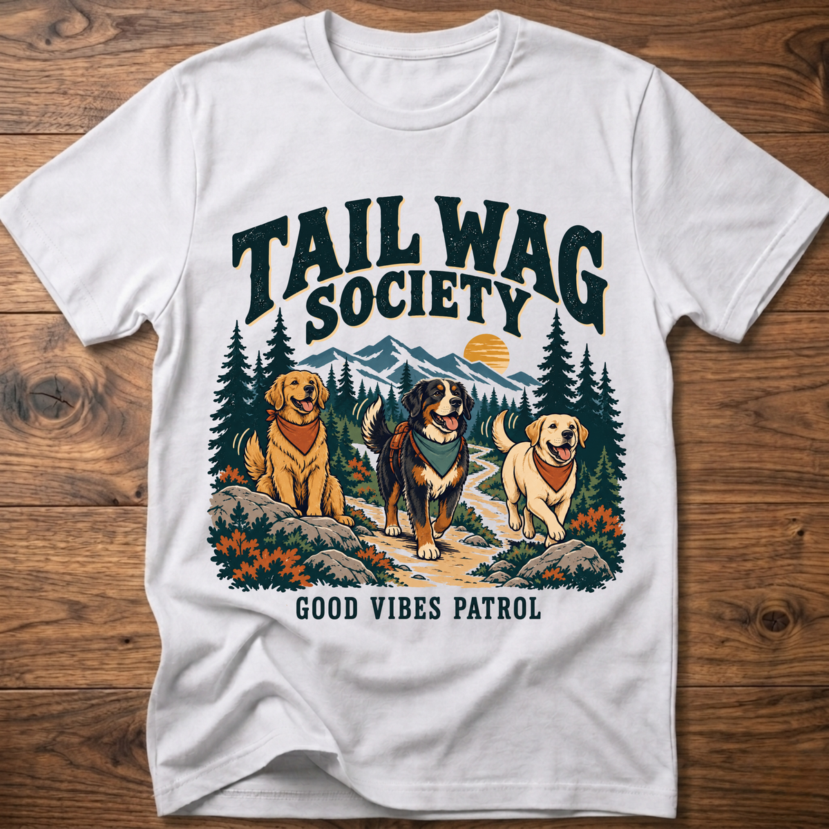White dog graphic T-shirt with “Tail Wag Society” and “Good Vibes Patrol” front print