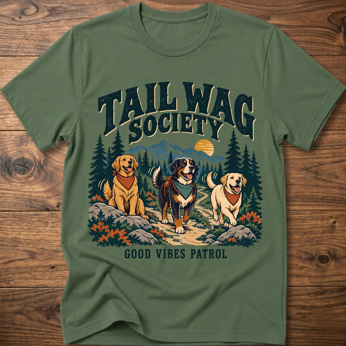Military green dog graphic T-shirt with “Tail Wag Society” and “Good Vibes Patrol” front print