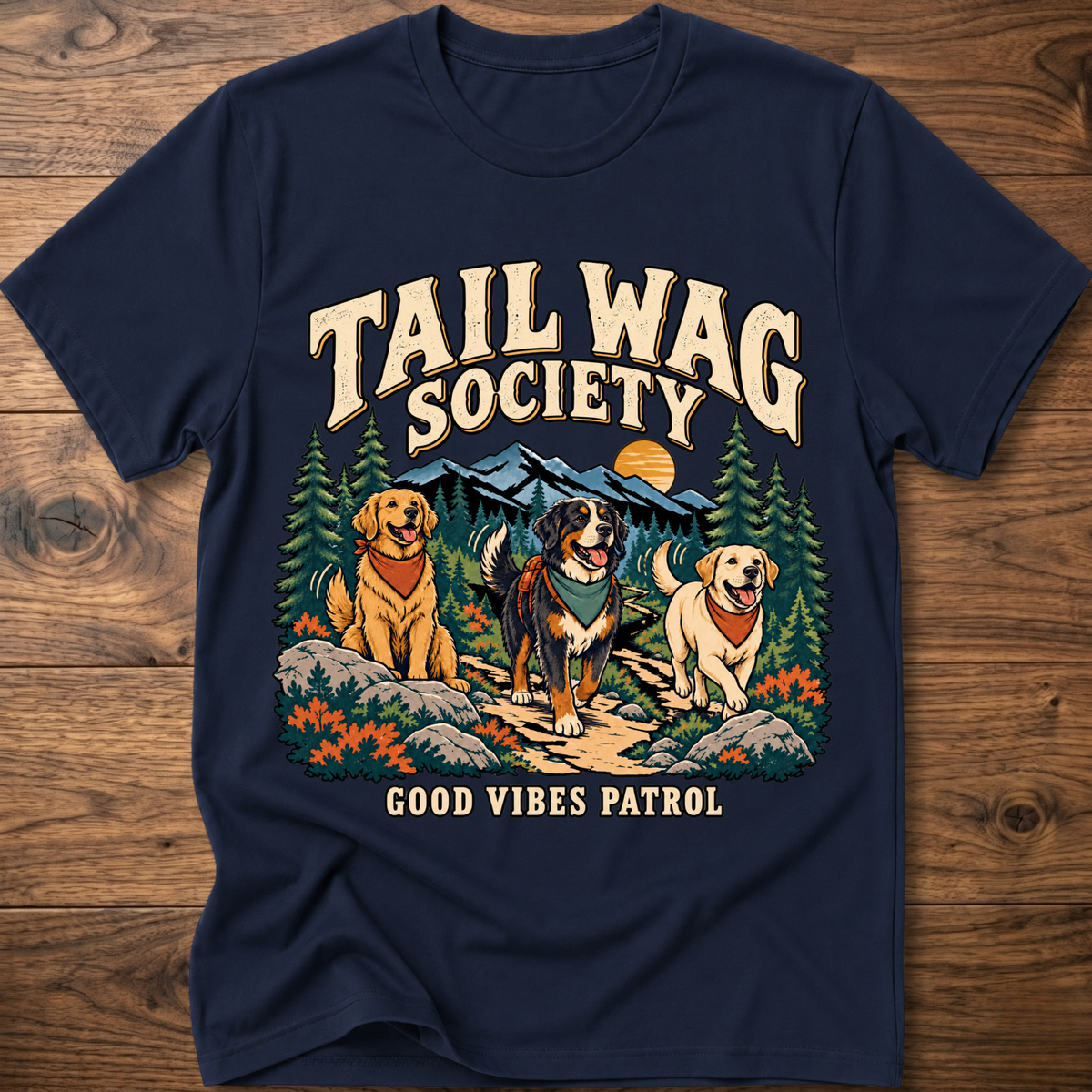 Navy dog graphic T-shirt with “Tail Wag Society” and “Good Vibes Patrol” front print