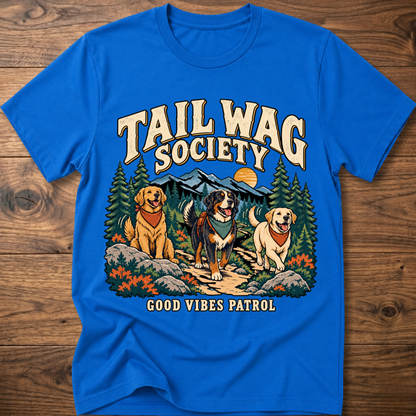 Royal blue dog graphic T-shirt with “Tail Wag Society” and “Good Vibes Patrol” front print