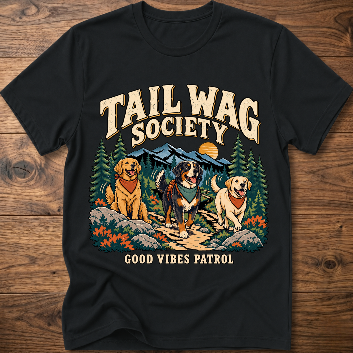 Black dog graphic T-shirt with “Tail Wag Society” and “Good Vibes Patrol” front print