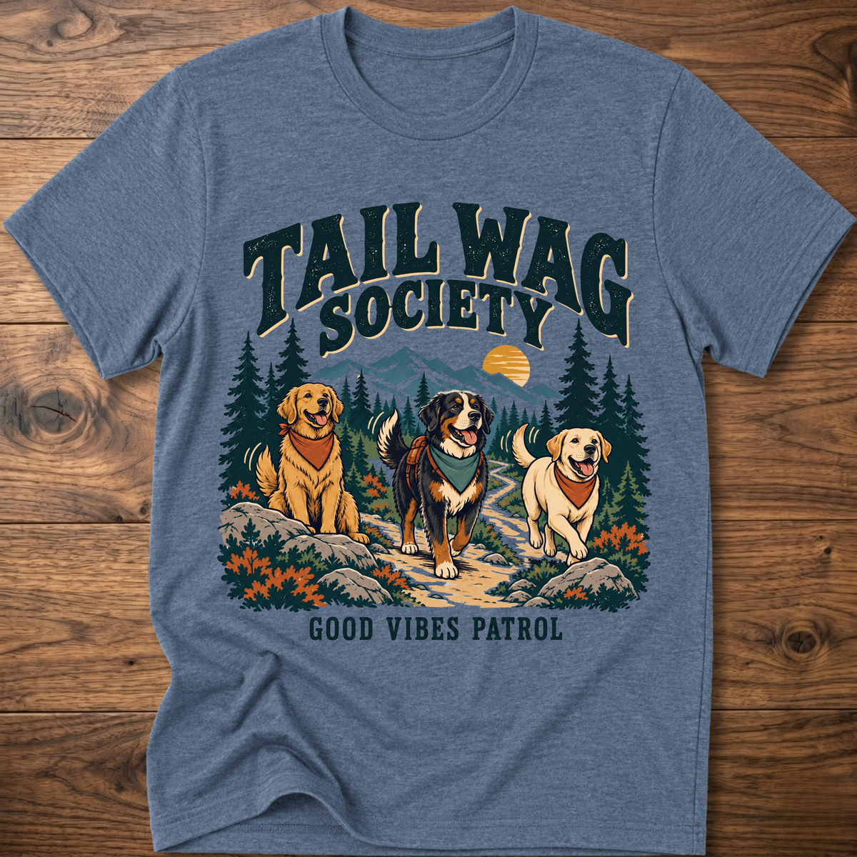 Heather indigo dog graphic T-shirt with “Tail Wag Society” and “Good Vibes Patrol” front print
