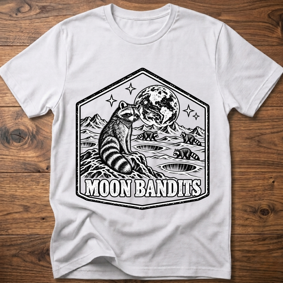White Moon Bandits T-shirt with raccoon and full moon landscape graphic