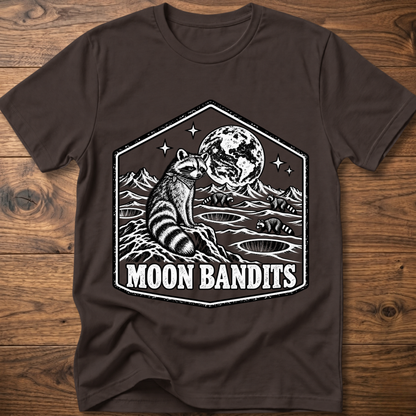 Dark brown Moon Bandits T-shirt with raccoon and full moon landscape graphic