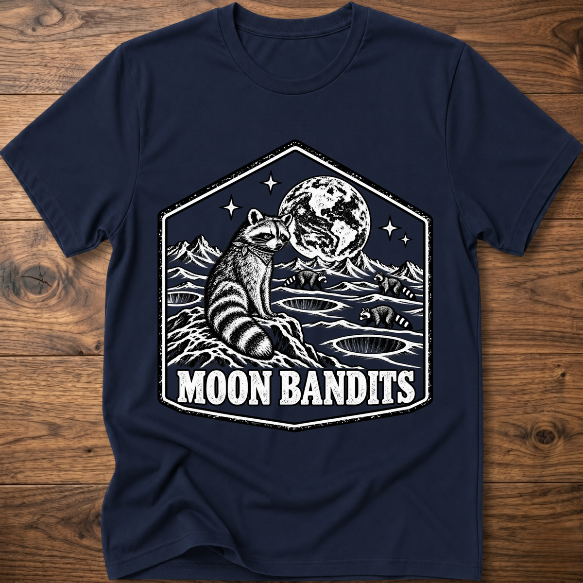 Navy Moon Bandits T-shirt with raccoon and full moon landscape graphic