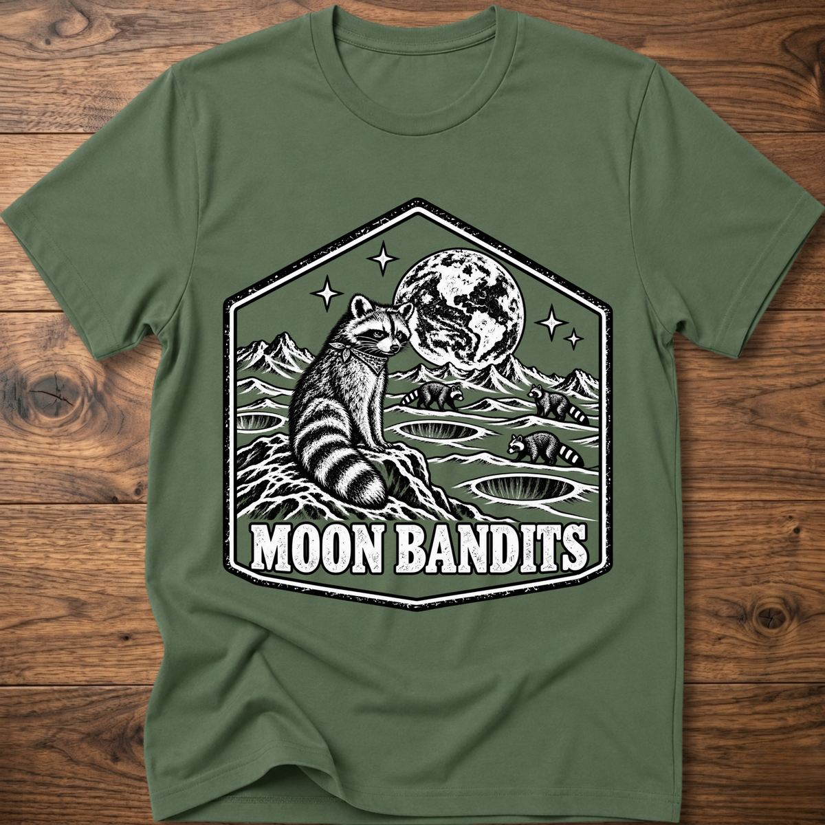 Military green Moon Bandits T-shirt with raccoon and full moon landscape graphic