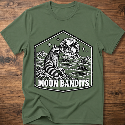 Military green Moon Bandits T-shirt with raccoon and full moon landscape graphic