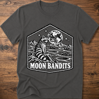 Charcoal Moon Bandits T-shirt with raccoon and full moon landscape graphic