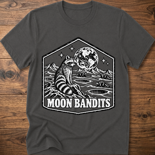 Charcoal Moon Bandits T-shirt with raccoon and full moon landscape graphic