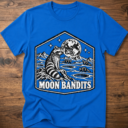 Royal blue Moon Bandits T-shirt with raccoon and full moon landscape graphic