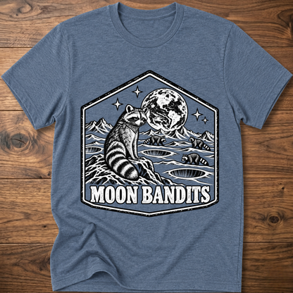 Heather blue Moon Bandits T-shirt with raccoon and full moon landscape graphic