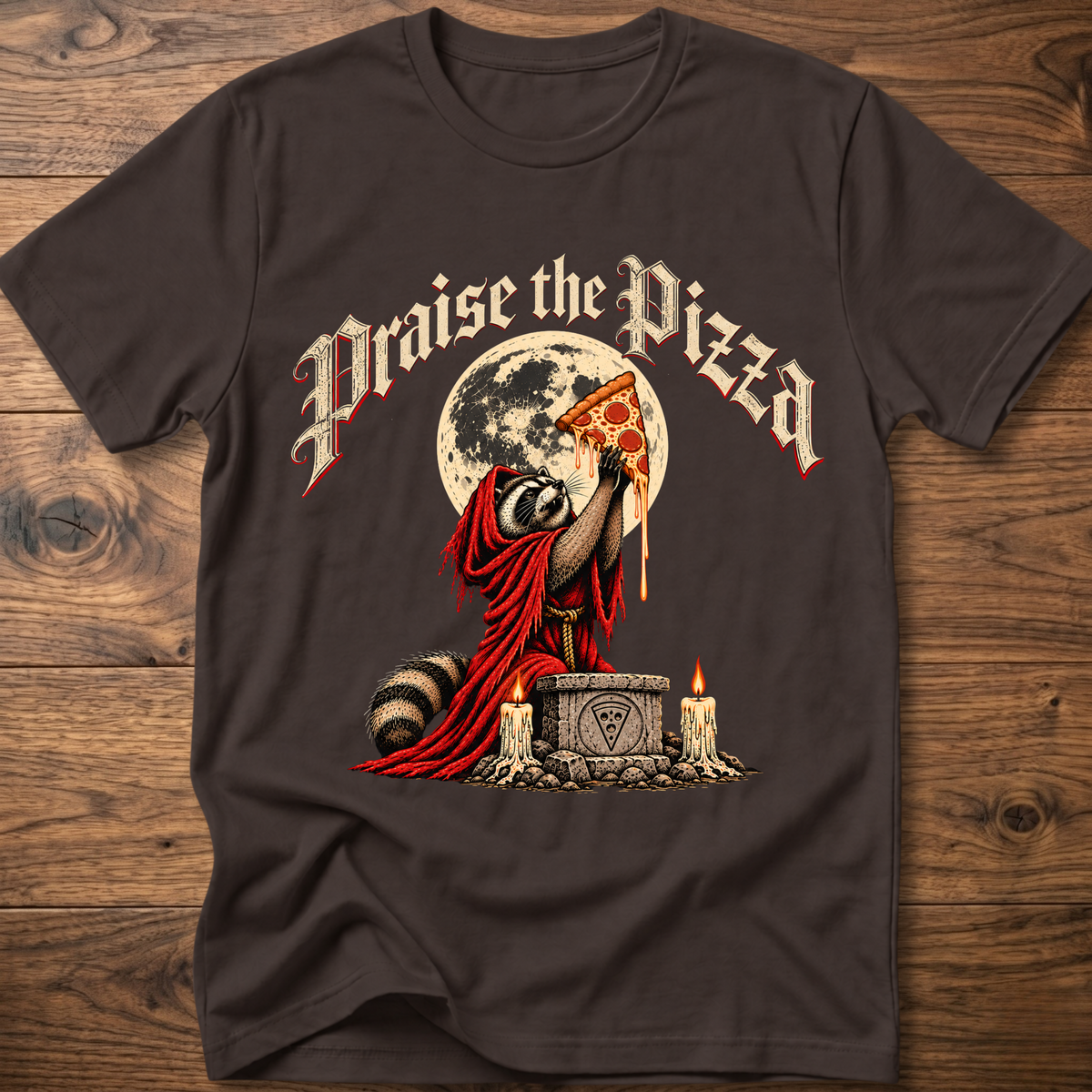 Dark brown T-shirt with front graphic of praying figure holding pizza slice
