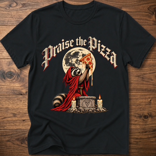 Black T-shirt with front graphic of praying figure holding pizza slice