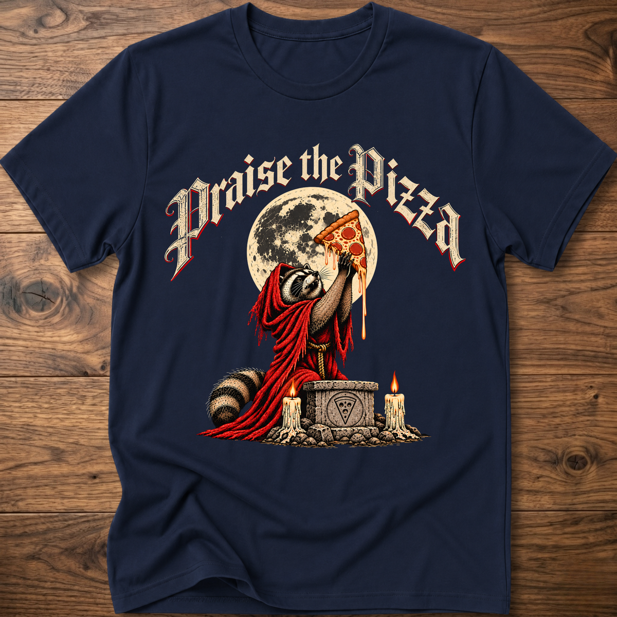 Navy T-shirt with front graphic of praying figure holding pizza slice