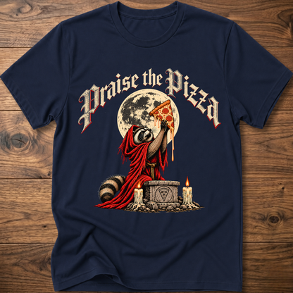 Navy T-shirt with front graphic of praying figure holding pizza slice