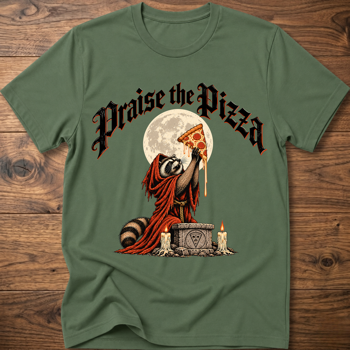 Military green T-shirt with front graphic of praying figure holding pizza slice