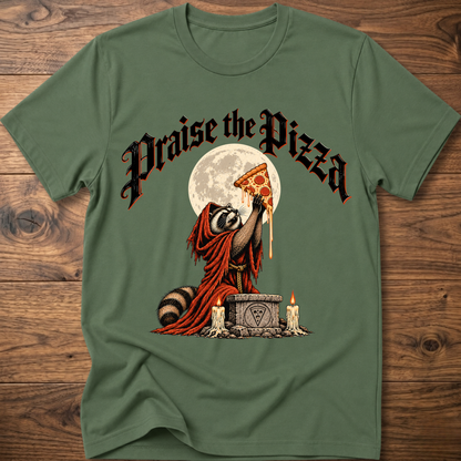 Military green T-shirt with front graphic of praying figure holding pizza slice