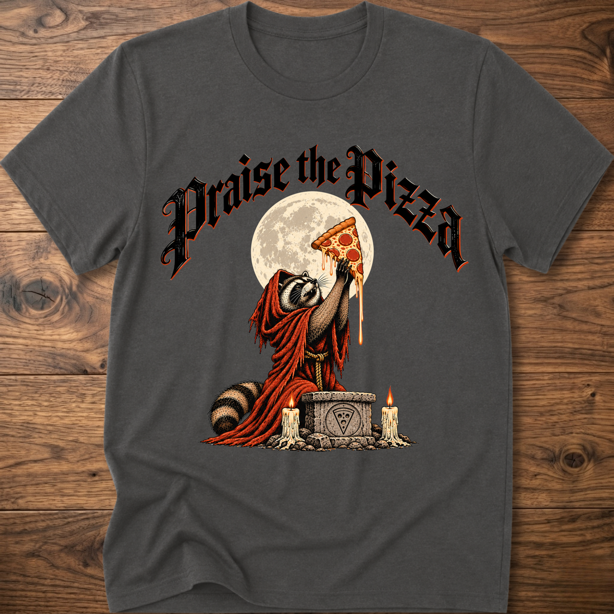 Dark gray T-shirt with front graphic of praying figure holding pizza slice