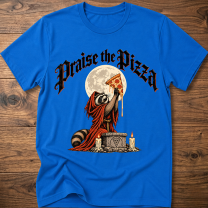 Royal blue T-shirt with front graphic of praying figure holding pizza slice