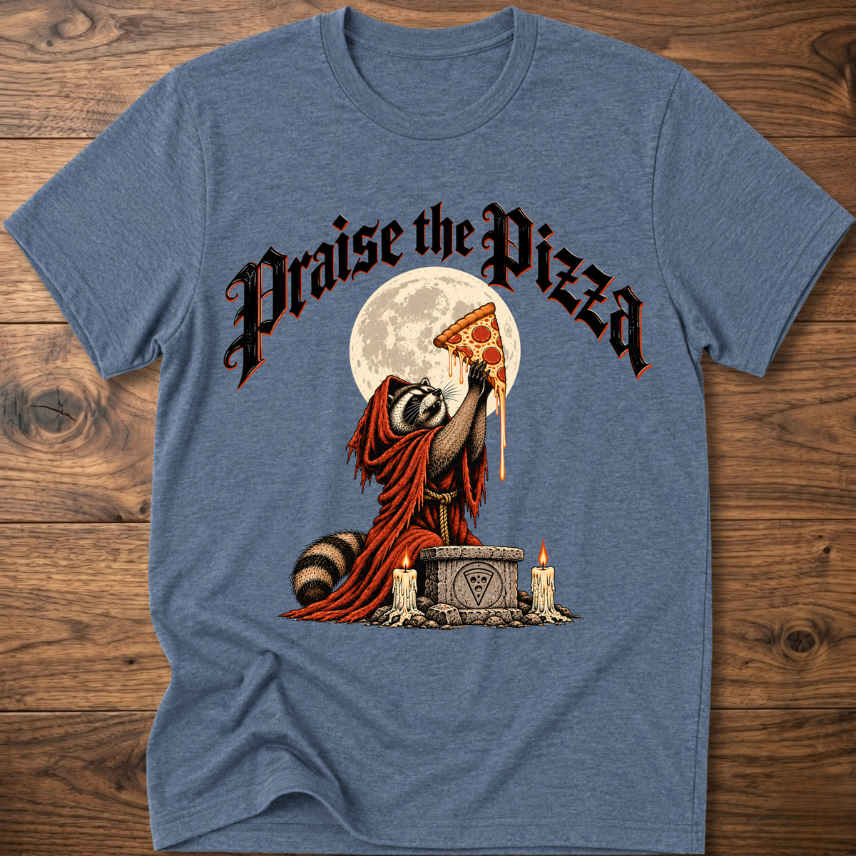 Heather blue T-shirt with front graphic of praying figure holding pizza slice