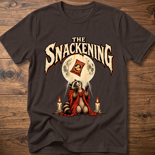 Dark brown crew-neck T-shirt with front "The Snackening" graphic and horned seated character