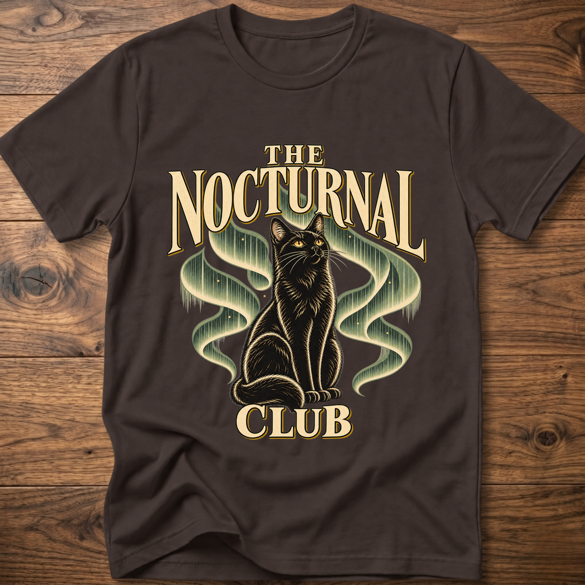 Charcoal T-shirt with “The Nocturnal Club” cat graphic on the front