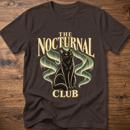Charcoal T-shirt with “The Nocturnal Club” cat graphic on the front