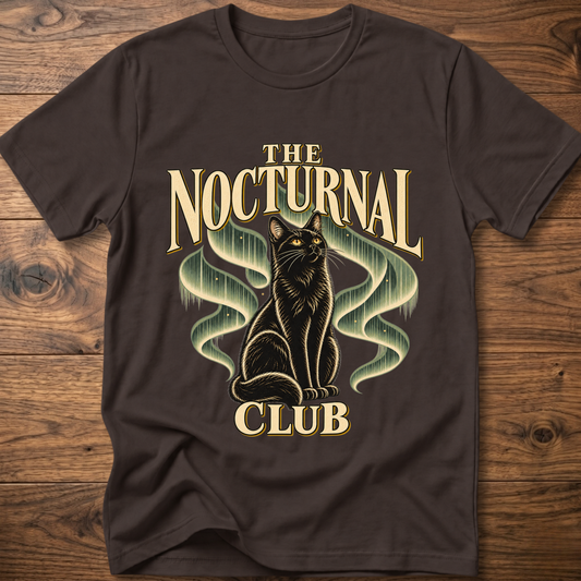 Charcoal T-shirt with “The Nocturnal Club” cat graphic on the front