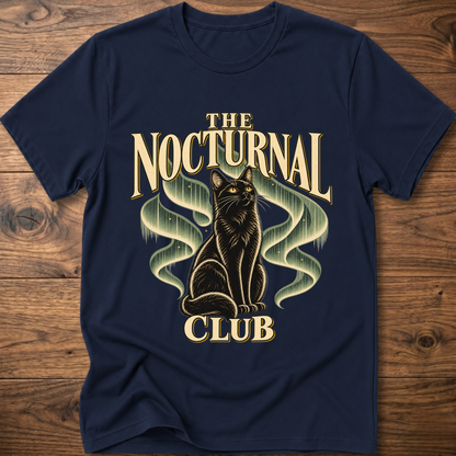 Navy T-shirt with “The Nocturnal Club” cat graphic on the front