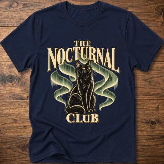 Navy T-shirt with “The Nocturnal Club” cat graphic on the front