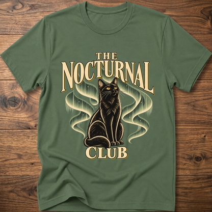 Green T-shirt with “The Nocturnal Club” cat graphic on the front
