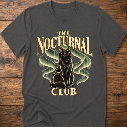 Gray T-shirt with “The Nocturnal Club” cat graphic on the front
