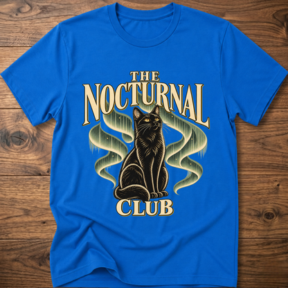 Royal blue T-shirt with “The Nocturnal Club” cat graphic on the front