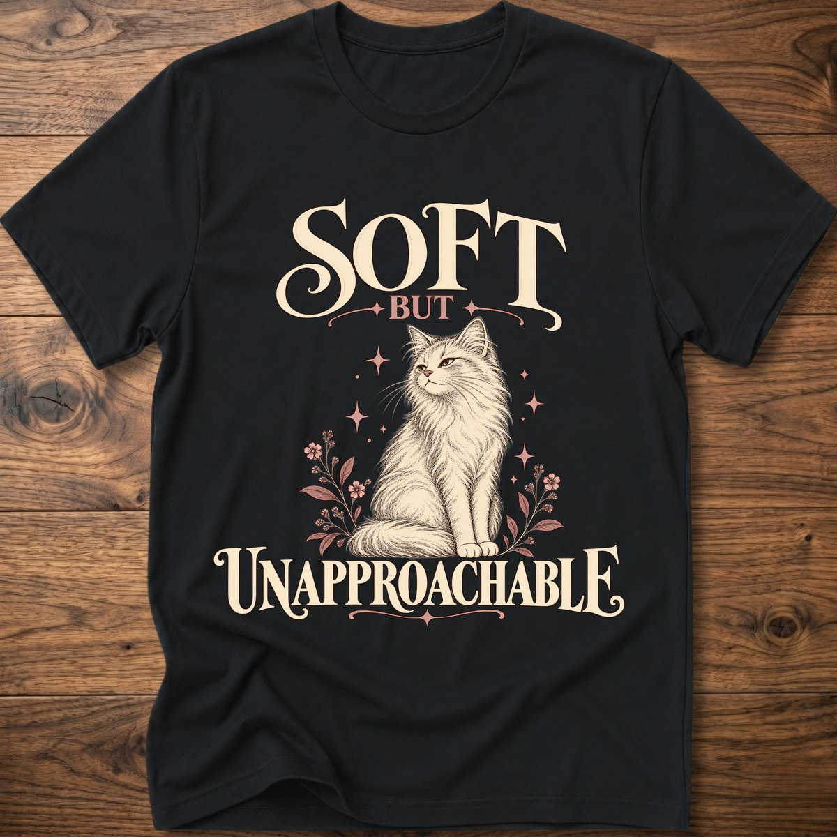 Black soft cat T-shirt with front cat graphic and “Soft but Unapproachable” text