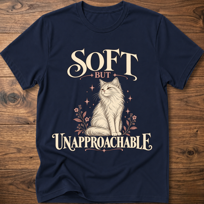 Navy soft cat T-shirt with front cat graphic and “Soft but Unapproachable” text
