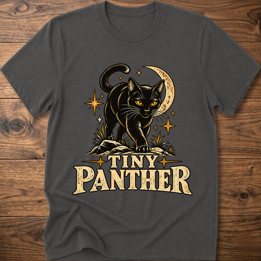Dark gray T-shirt with 'Tiny Panther' panther, moon, and star graphic