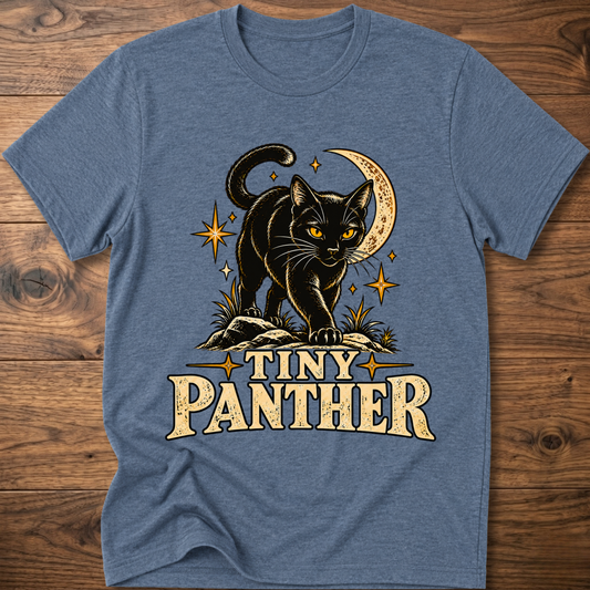 Heather blue T-shirt with 'Tiny Panther' panther, moon, and star graphic