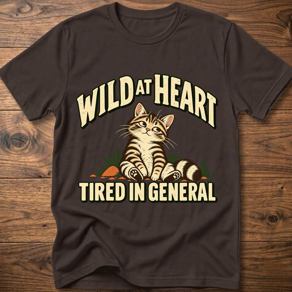 Dark brown cat graphic t-shirt with 'Tired in General' slogan on front