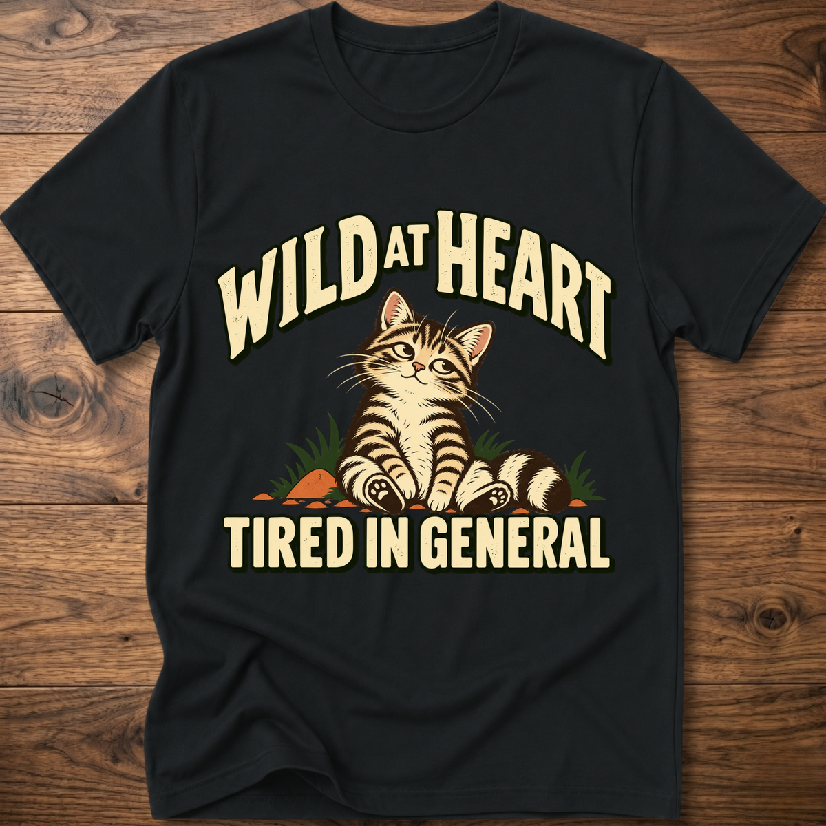 Black cat graphic t-shirt with 'Tired in General' slogan on front