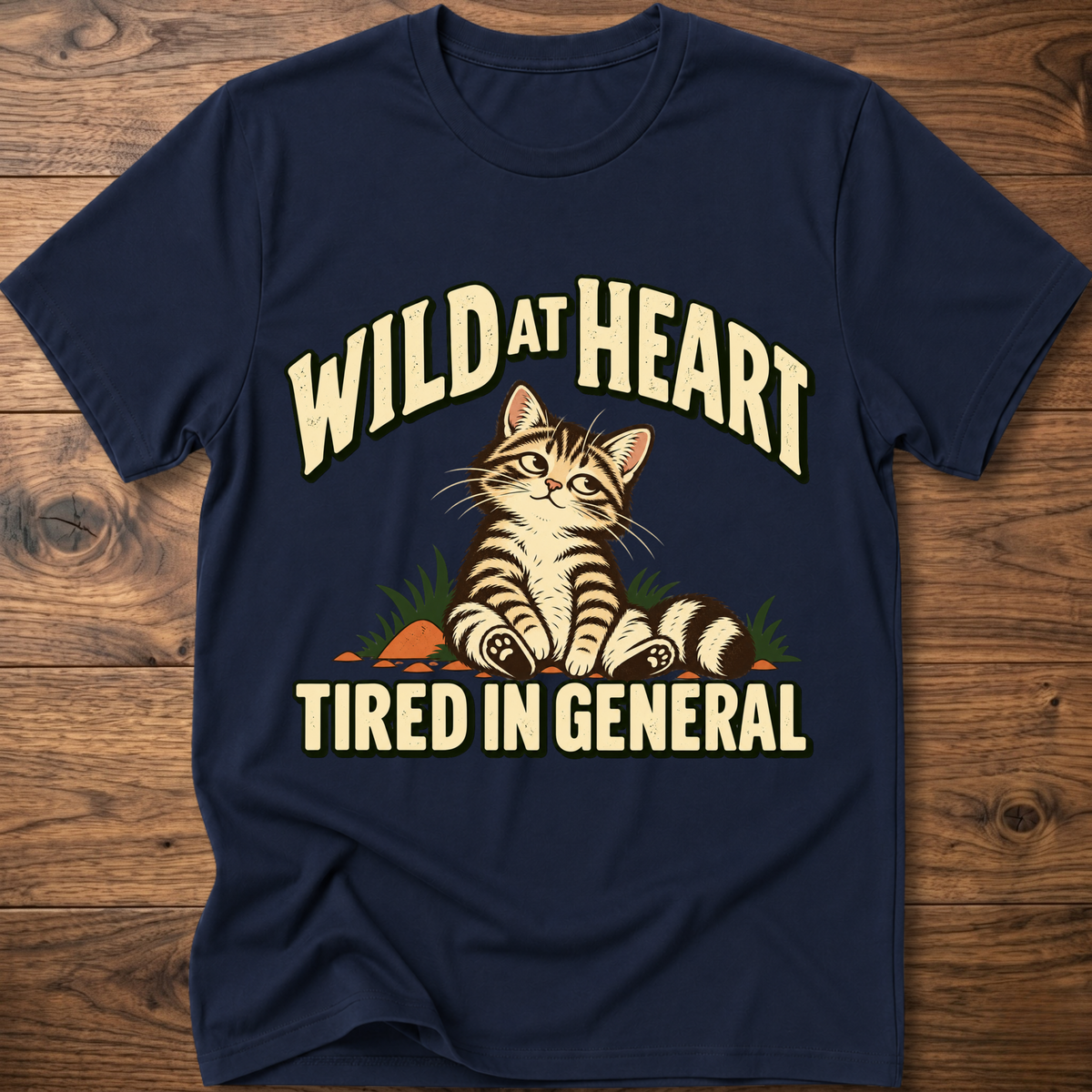 Navy blue cat graphic t-shirt with 'Tired in General' slogan on front