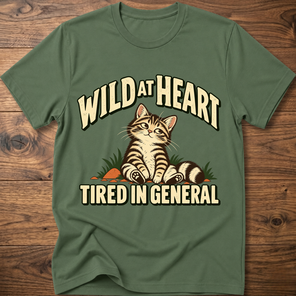Olive green cat graphic t-shirt with 'Tired in General' slogan on front