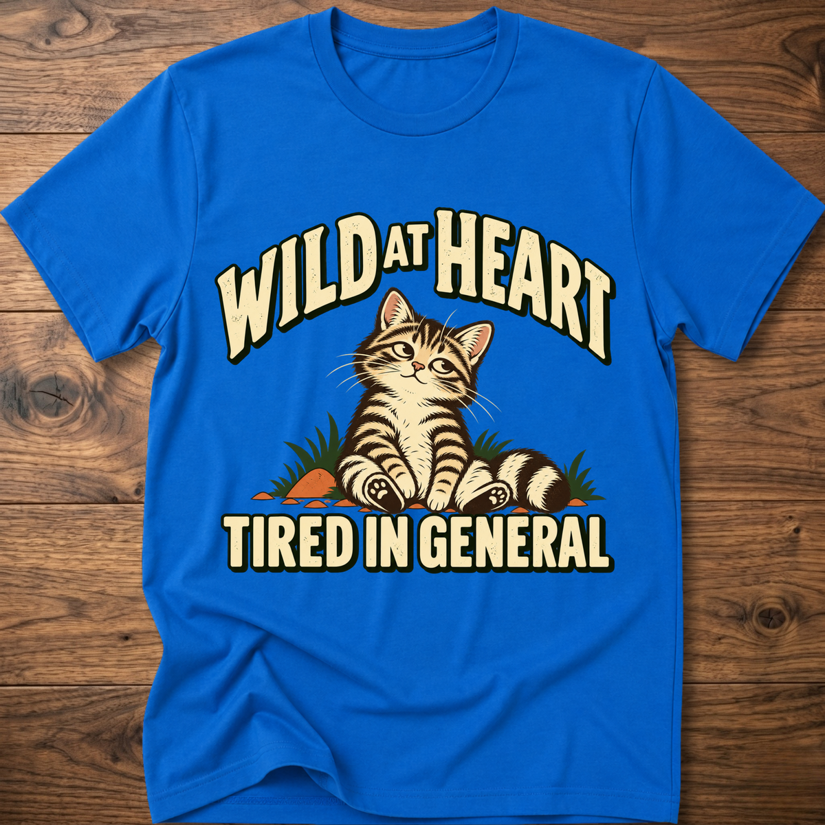 Royal blue cat graphic t-shirt with 'Tired in General' slogan on front