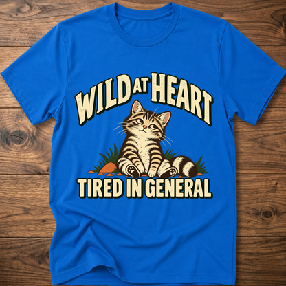 Royal blue cat graphic t-shirt with 'Tired in General' slogan on front