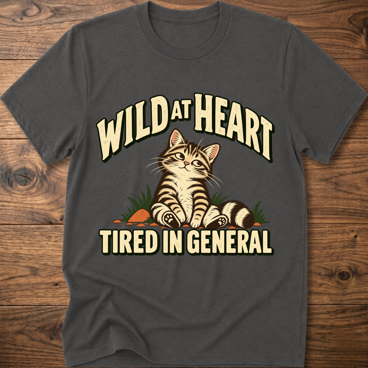 Dark gray cat graphic t-shirt with slogan 'Tired in General' on front