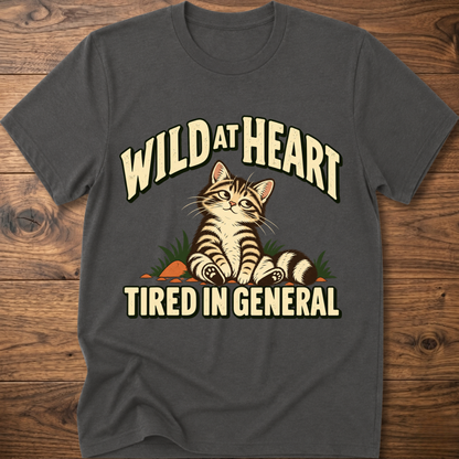 Dark gray cat graphic t-shirt with slogan 'Tired in General' on front