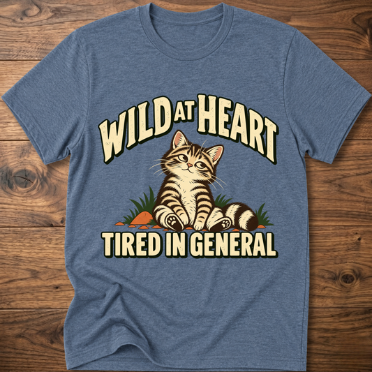 Heather blue cat graphic t-shirt with 'Tired in General' slogan on front