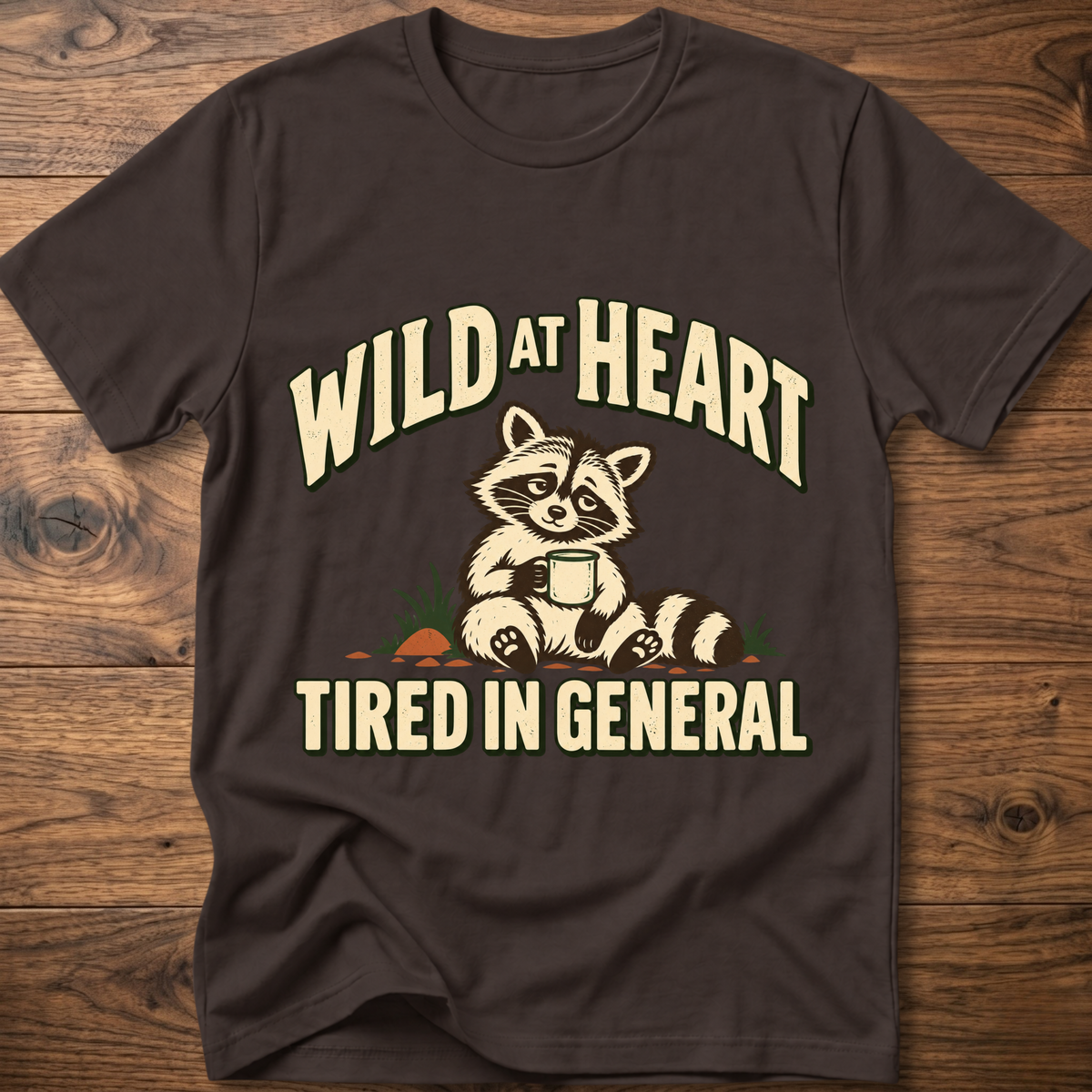 Charcoal crewneck t-shirt with raccoon graphic and “WILD AT HEART” text